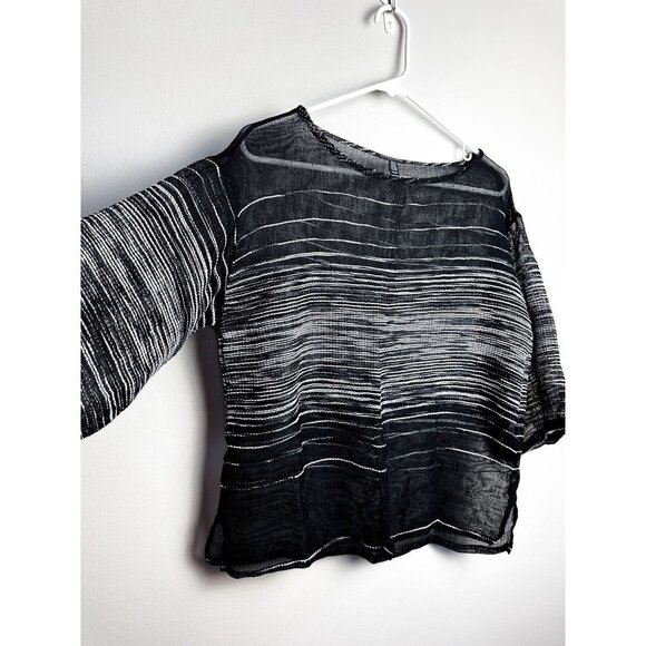 Eileen Fisher Half-Sleeve Illusion Mesh Top Linen Blend Women Black Silver Small - Picture 3 of 6